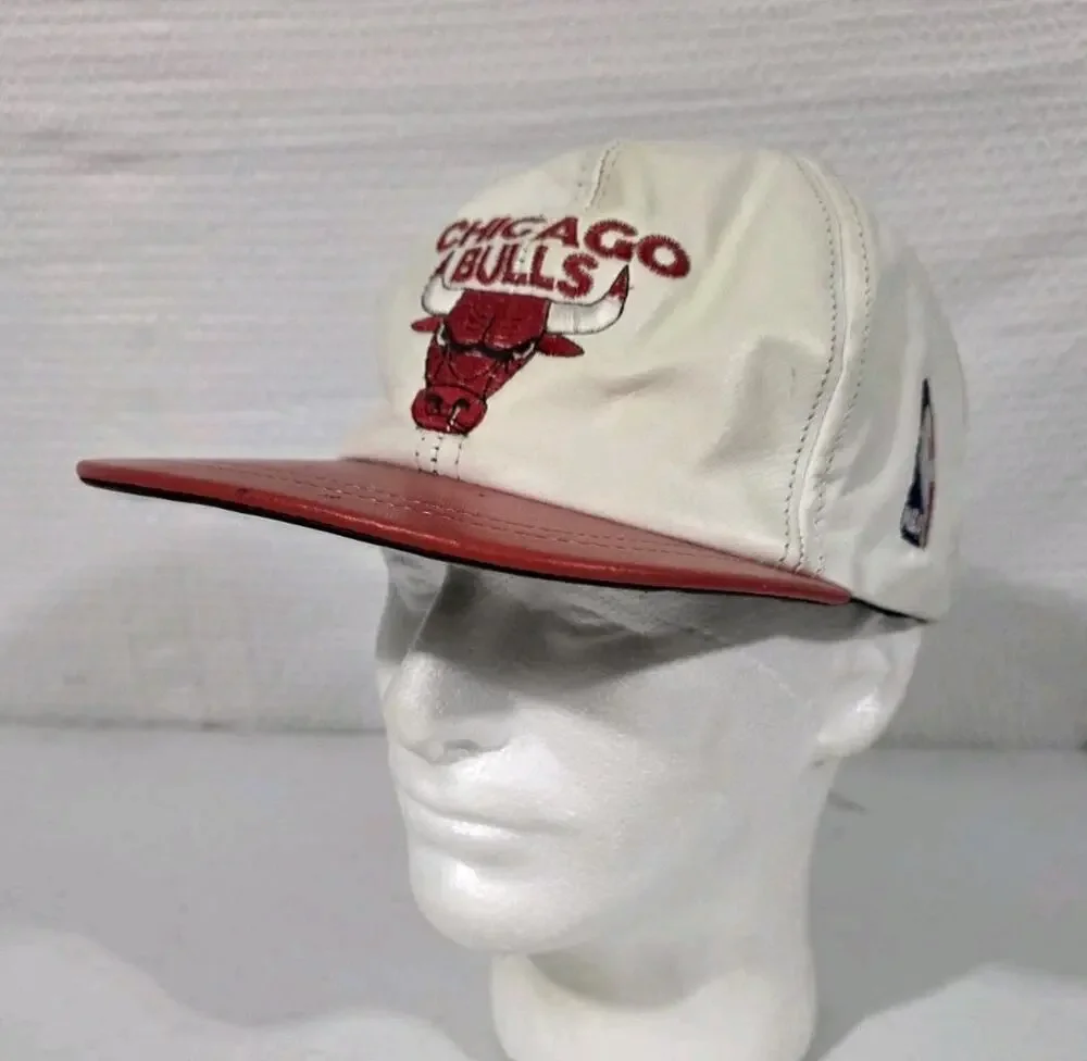 Vtg Chicago Bulls Genuine Leather Snapback Hat NBA Made USA White Red Cap